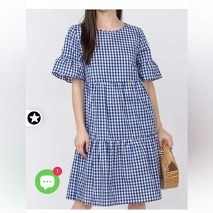 Blue Éloges Gingham Ruffle Sleeve Tiered Dress - Casual Shift